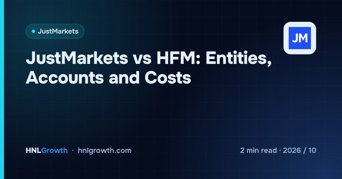 JustMarkets vs HFM: Entities, Accounts and Costs — cover image