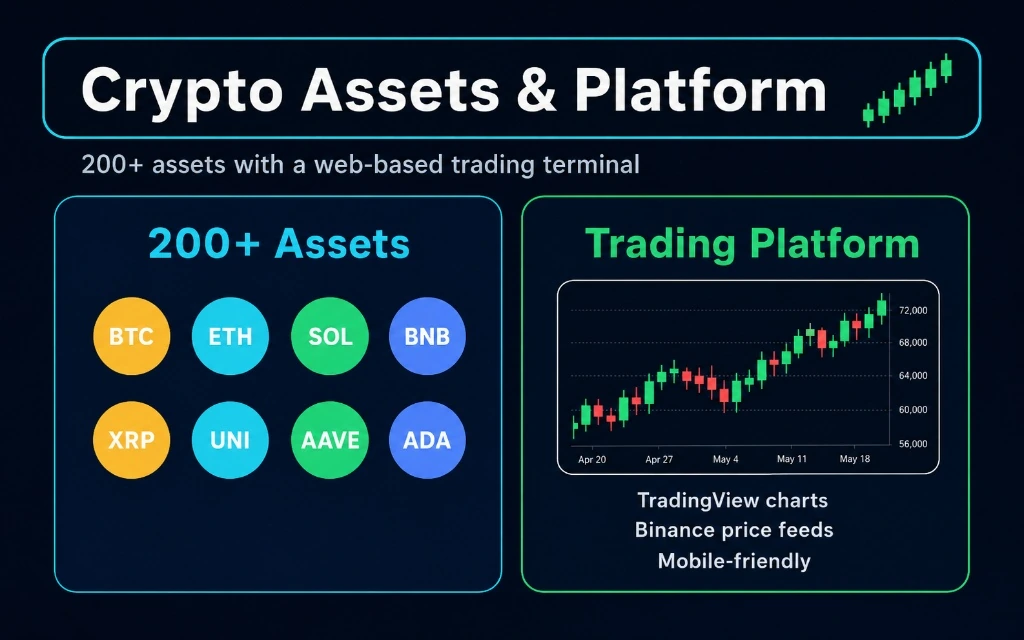 HashHedge supported crypto assets and web-based trading platform overview for futures traders